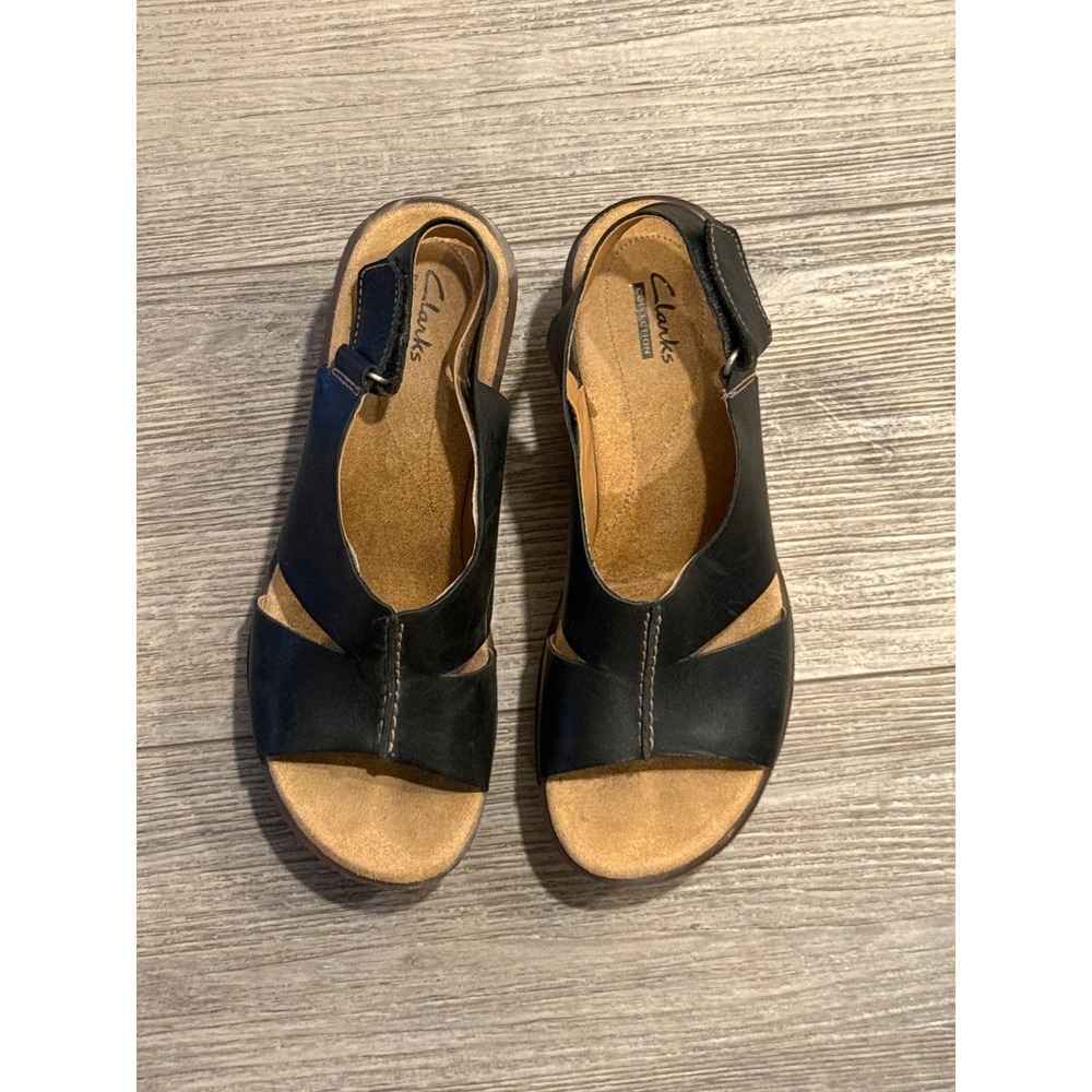 Clarks Collection Black Leather Cork Wedge Slingback Sandals Women 7.5